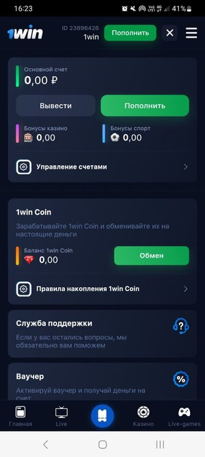 Кабинет игрока в приложении 1Win
